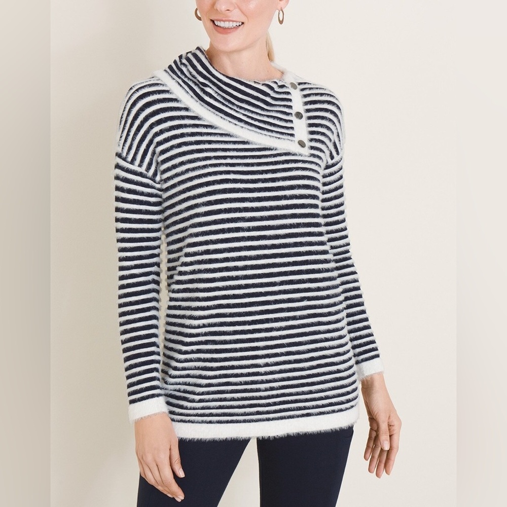 Chico’s Split-Collar Sweater Large Cotton Cashmere Blend Navy Blue White Striped